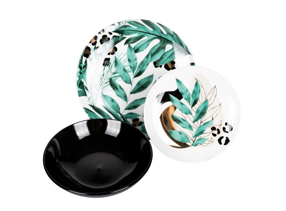18 porcelænstallerkener med eksotiske grønne bladdekorationer - Immer Viadurini