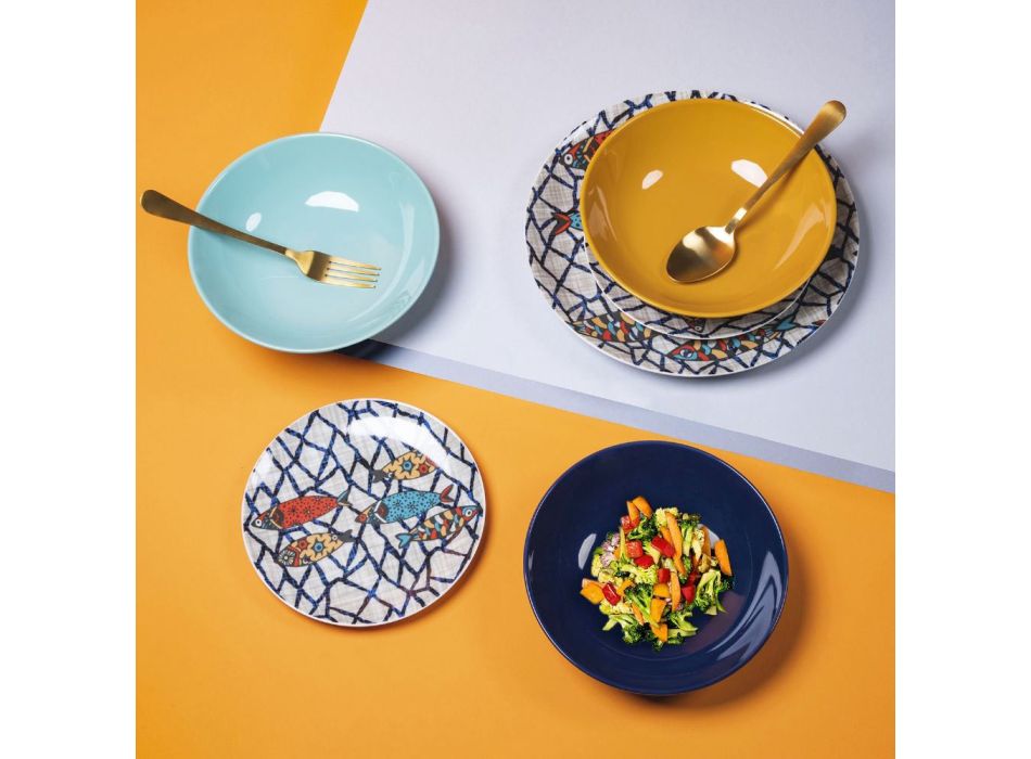 18 tallerkener af porcelæn og stentøj med farvede fiskedekorationer - Morgen Viadurini