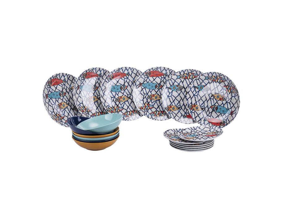 18 porcelæns- og stentøjstallerkener med farvede fiskedekorationer - Morgen Viadurini