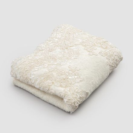 2 gæstehåndklæder i bomuldsfrotté og linnedblandet kant med blonder - Ginova Viadurini