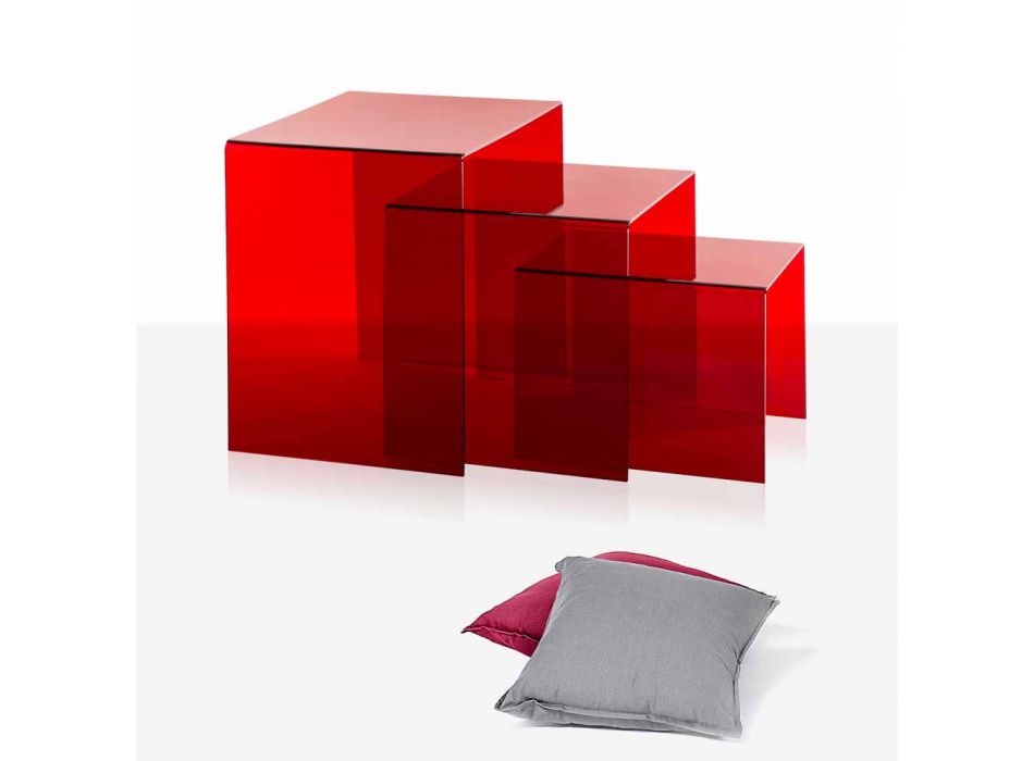 3 røde stabelbare borde Amalia, moderne design, lavet i Italien