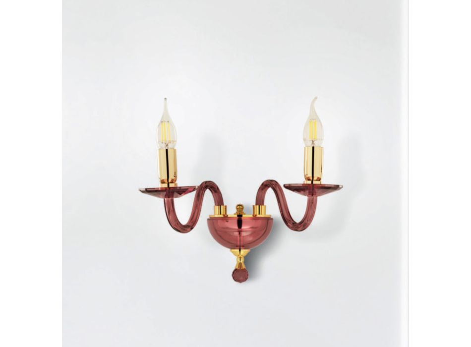 Klassisk 2 lys væglampe i håndlavet italiensk glas og guldmetal - Oliver Viadurini