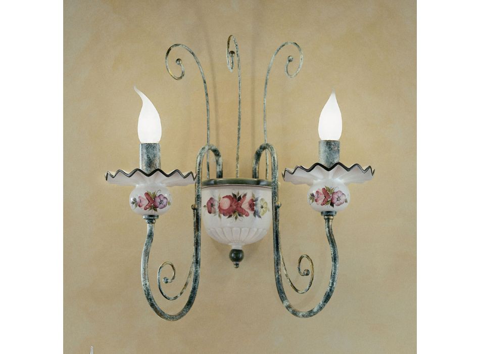 2 lys væglampe i hånddekoreret keramik og antik messing - Sanremo