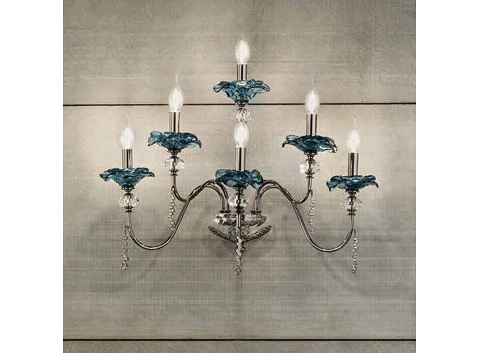 Klassisk 6 lys væglampe i glas, krystal og luksusmetal - Flandern Viadurini
