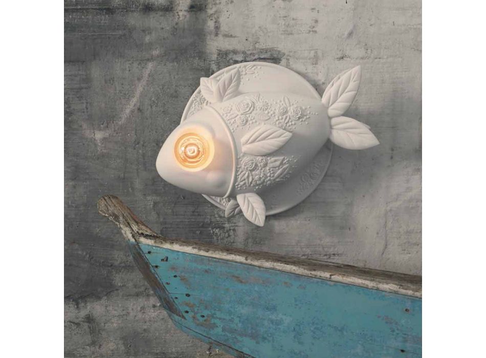 Væglampe i mathvid keramisk design med dekoreret fisk - fisk Viadurini
