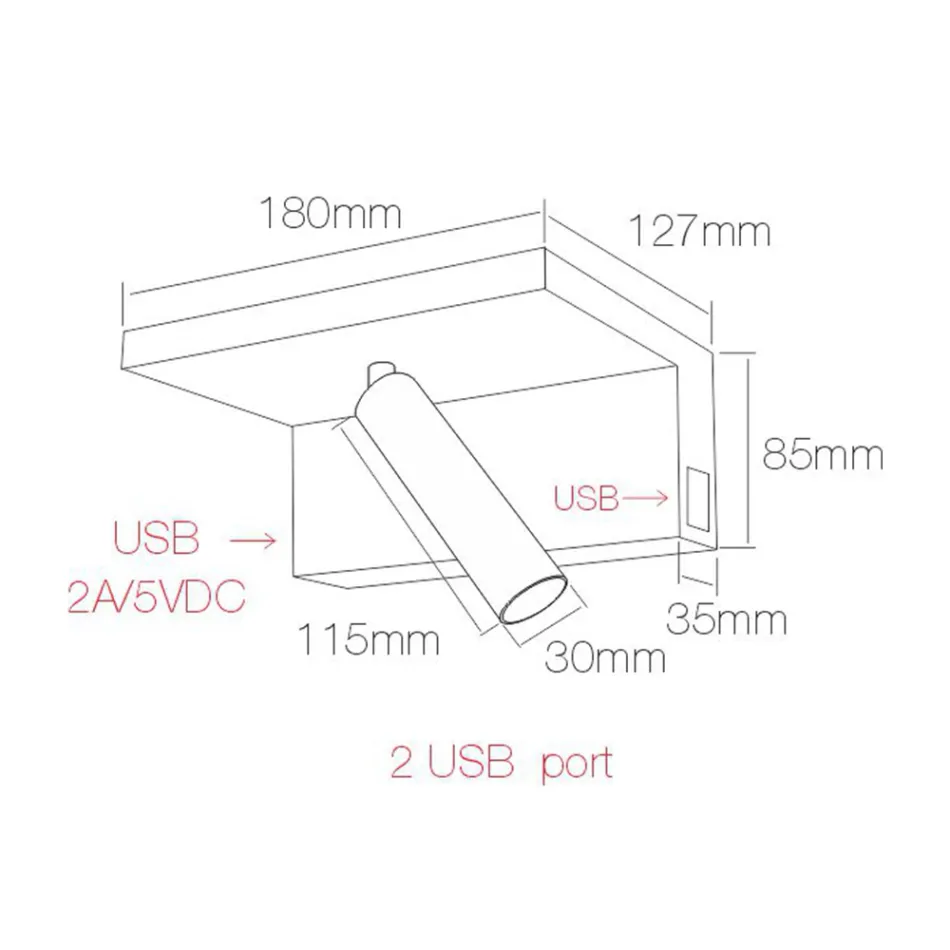 Justerbar dekorativ LED-væglampe i aluminium med USB-porte - Alena Viadurini