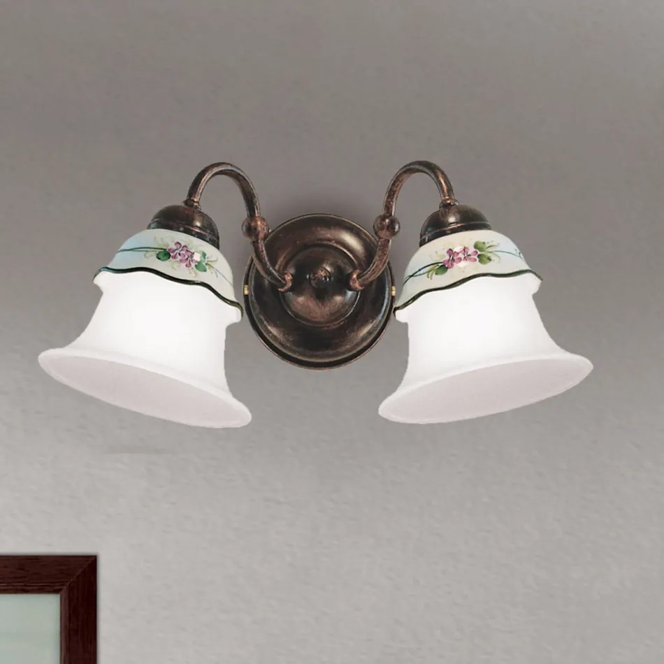 Vintage jern, glas og keramik væglampe Håndmalet indretning - Ferrara Viadurini