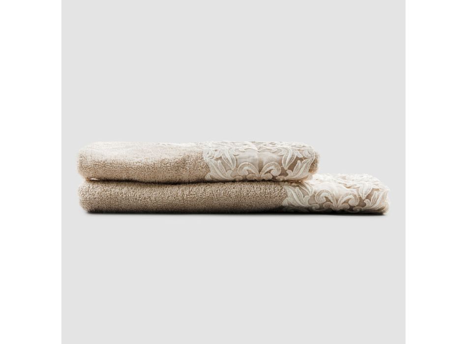 Ansigts- og gæstehåndklæder i bomuldsfrotté med luksusfarnese blonder - nygifte Viadurini