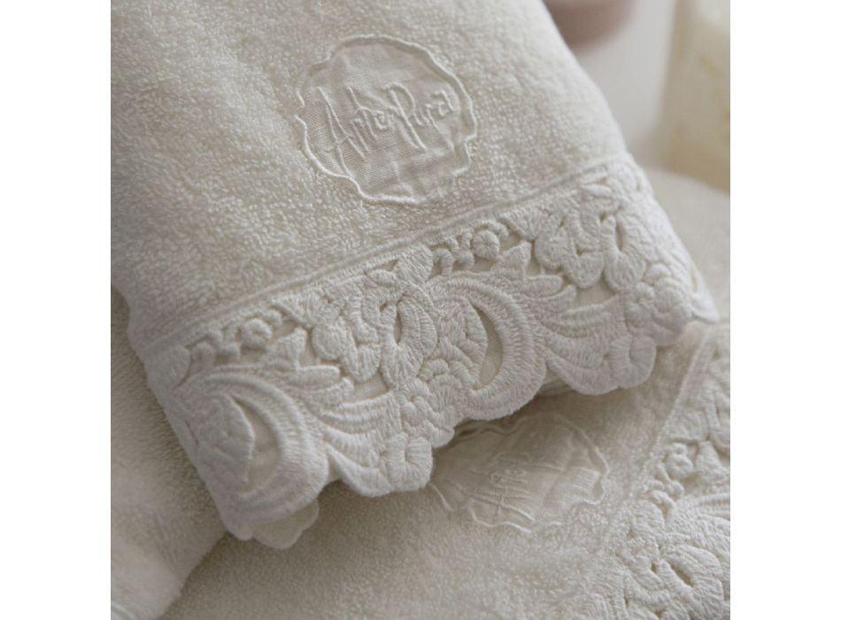 Ansigts- og gæstehåndklæder og badehåndklæde i Cotton Terry og Armonia Blonder - Frollo Viadurini