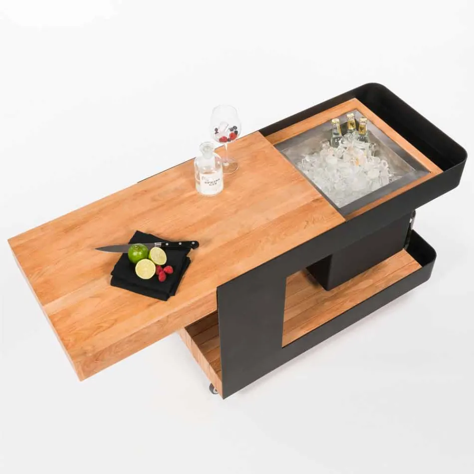 Moderne mobil bar på hjuldesign med træ- og stålbord - Giancalliope Viadurini