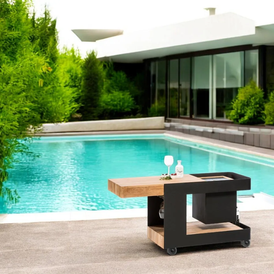 Moderne mobil bar på hjuldesign med træ- og stålbord - Giancalliope Viadurini