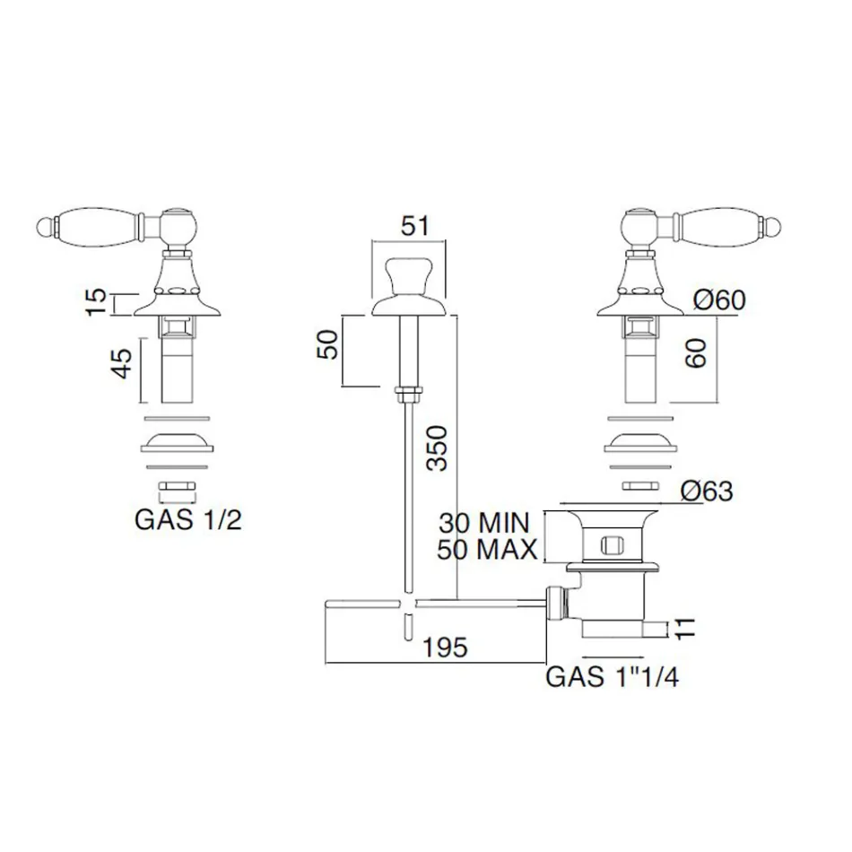 3 hullers bidetmixer med intern messinglevering lavet i Italien - Noriana Viadurini