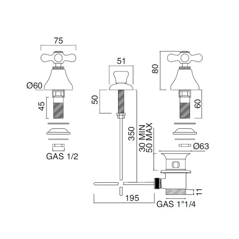 3 hullers bidet mixer afløb intern levering Håndlavet messing - Ercolina Viadurini