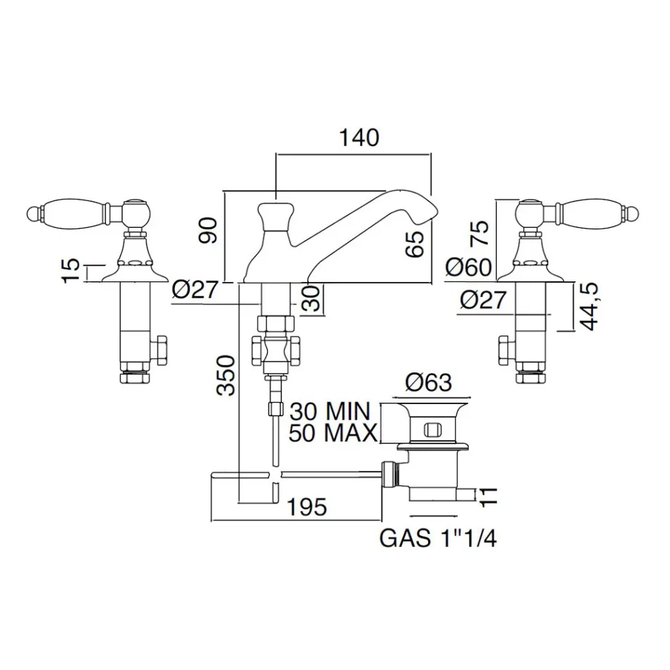 3-hullers håndvaskarmatur med klassiske greb i håndlavet messing - Noriana Viadurini