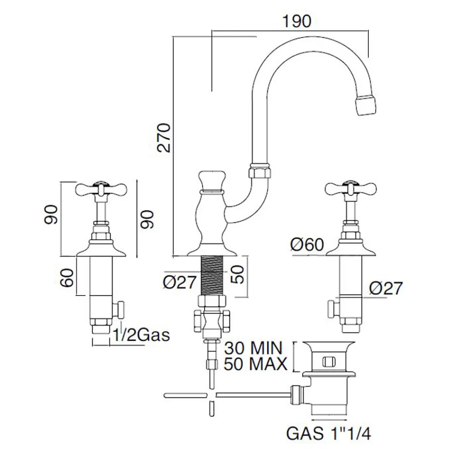 3-huls håndvaskarmatur med høj tud i klassisk håndlavet messing - Fioretta Viadurini