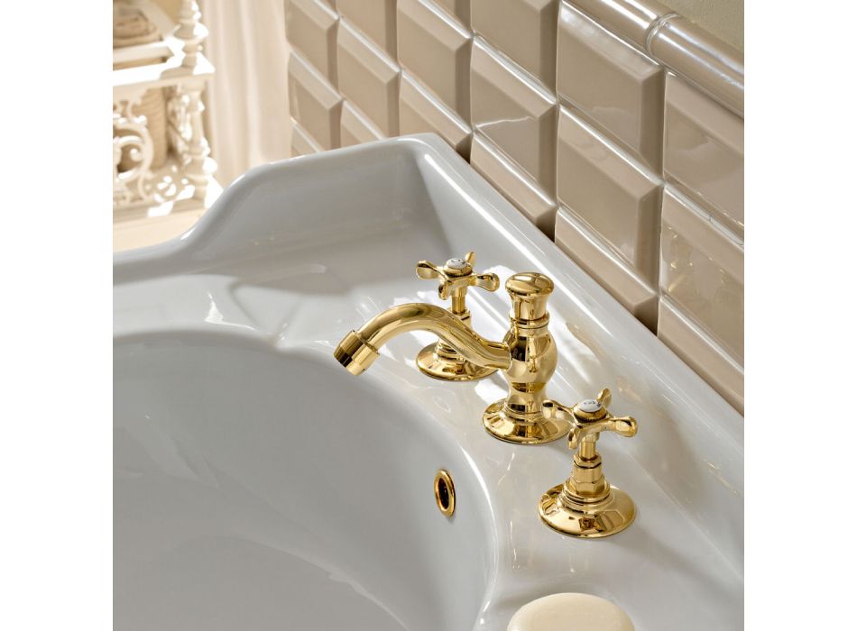 3 hullers håndvaskarmatur med klassisk håndlavet messingafløb - Fioretta Viadurini