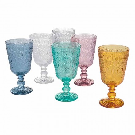 Glas glas Vin eller vand i glas med dekorationer, 12 stykker - Pizzotto Viadurini