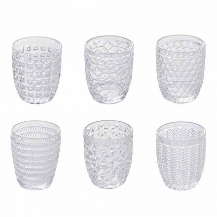 Dekoreret gennemsigtigt glas vandglas, moderne service 12 stykker - mix Viadurini