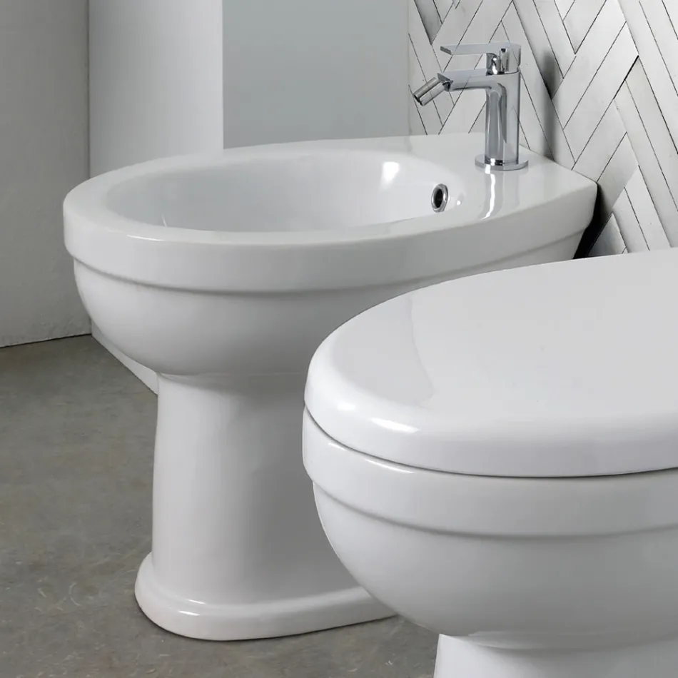 Gulvmonteret bidet med ét hul i hvid keramik med et elegant moderne design - Silica Viadurini