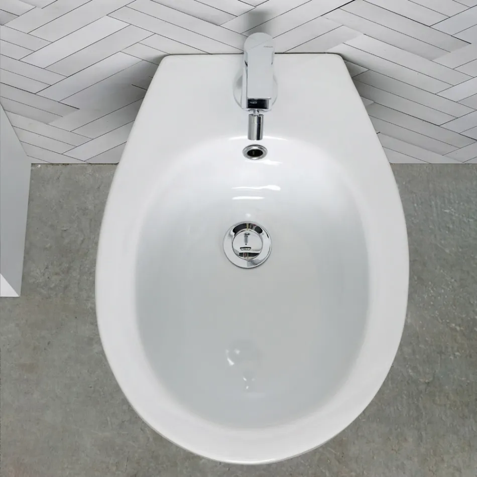 Gulvmonteret bidet med ét hul i hvid keramik med et elegant moderne design - Silica Viadurini
