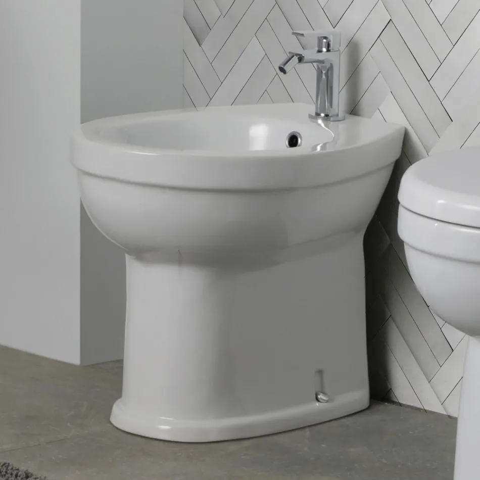 Gulvmonteret bidet med ét hul i hvid keramik med et elegant moderne design - Silica Viadurini