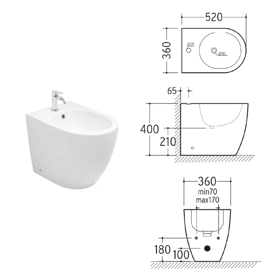 Aster gulvmonteret bidet med ét hul i slidstærk hvid keramik med et moderne design Viadurini