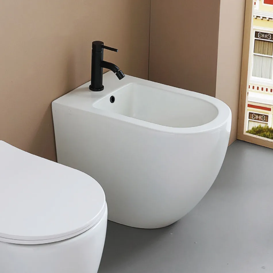 Gulvmonteret bidet med ét hul i slidstærk hvid keramik med et moderne design - Olmo Viadurini
