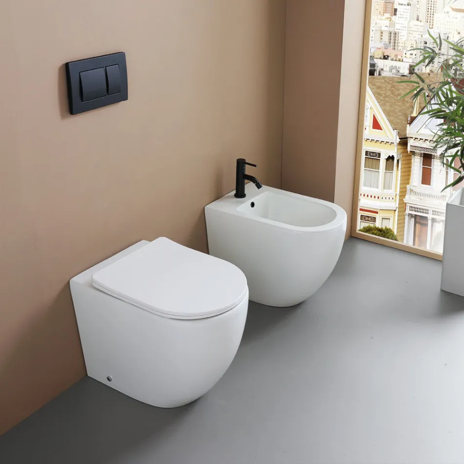 Gulvmonteret bidet med ét hul i slidstærk hvid keramik med et moderne design - Olmo Viadurini