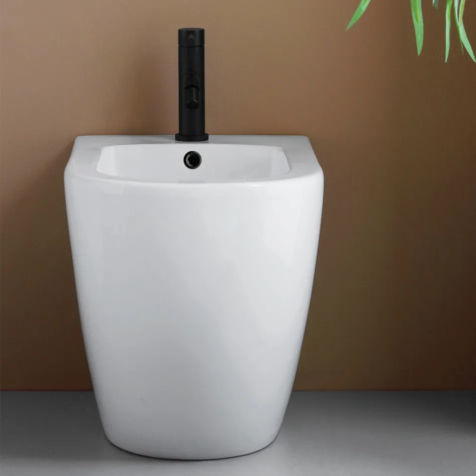 Gulvmonteret bidet med ét hul i slidstærk hvid keramik med et moderne design - Olmo Viadurini