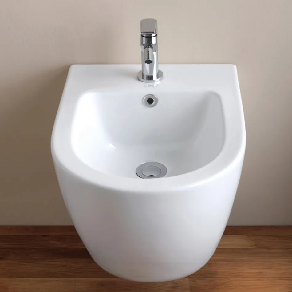 Væghængt bidet med ét hul i hvid keramik med moderne design - Ginepro Viadurini