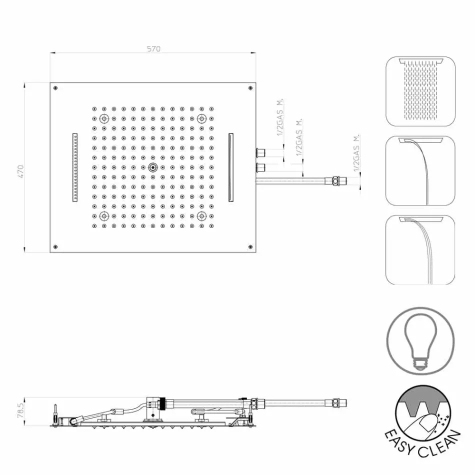 Bossini Drøm brusehoved med tre jetfly med moderne farve terapi Viadurini