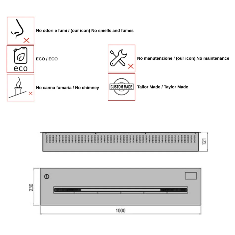 Elektronisk brænder forsænket magt bioethanol 3,6kW Aron 100 Viadurini