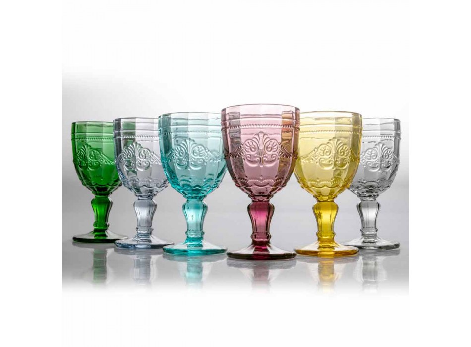 Farvede vinbegre i glas med Arabescato-dekoration, 12-delt service - skrue Viadurini
