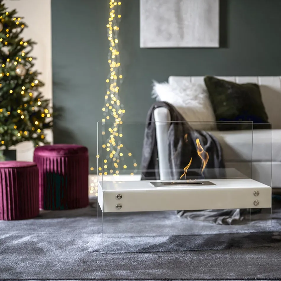 Bioethanol Gulvpejs i hvidmetal og hærdet glas - Timon Viadurini