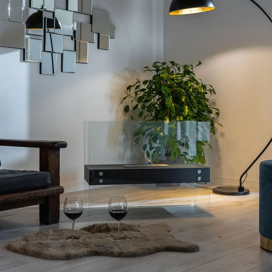 Bioethanol Gulvpejs i sort metal og hærdet glas - Violante Viadurini