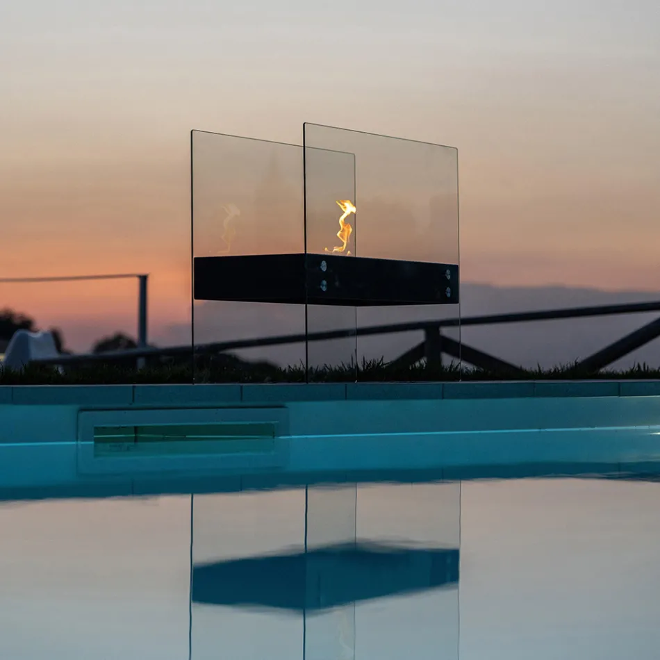 Bioethanol Gulvpejs i sort metal og hærdet glas - Violante Viadurini