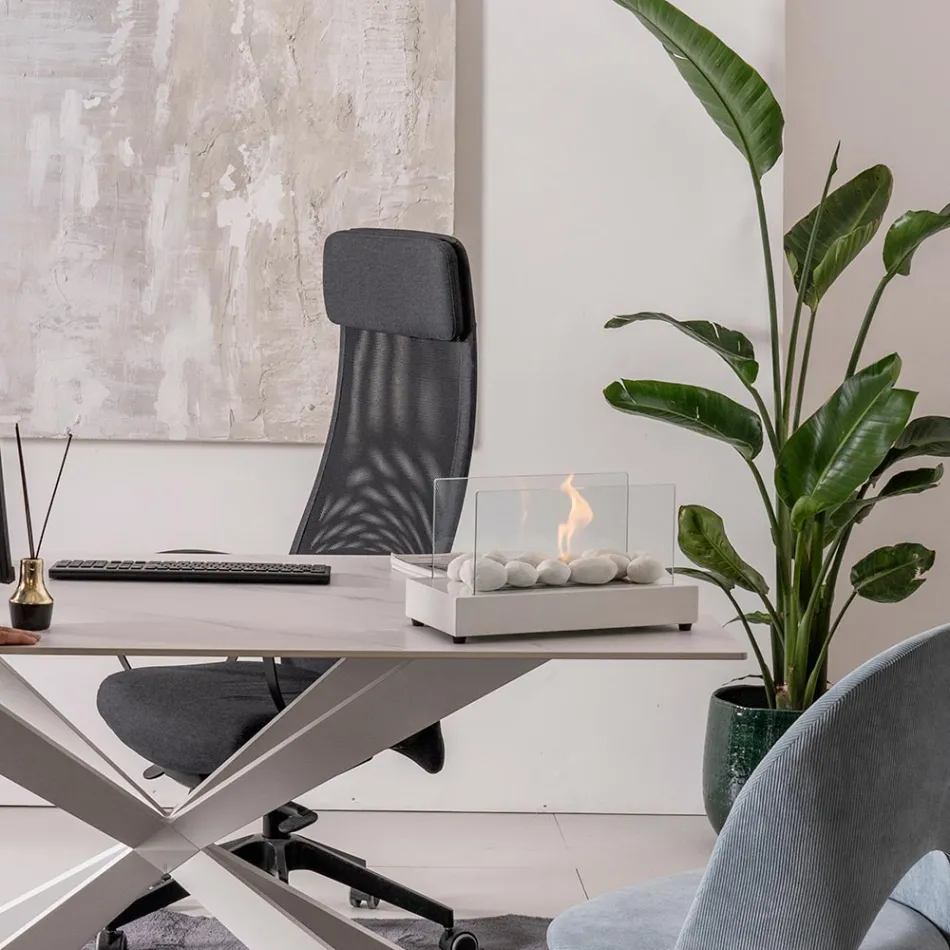 Bordplade Bioethanol Pejs i hærdet glas og metal - Sølv Viadurini