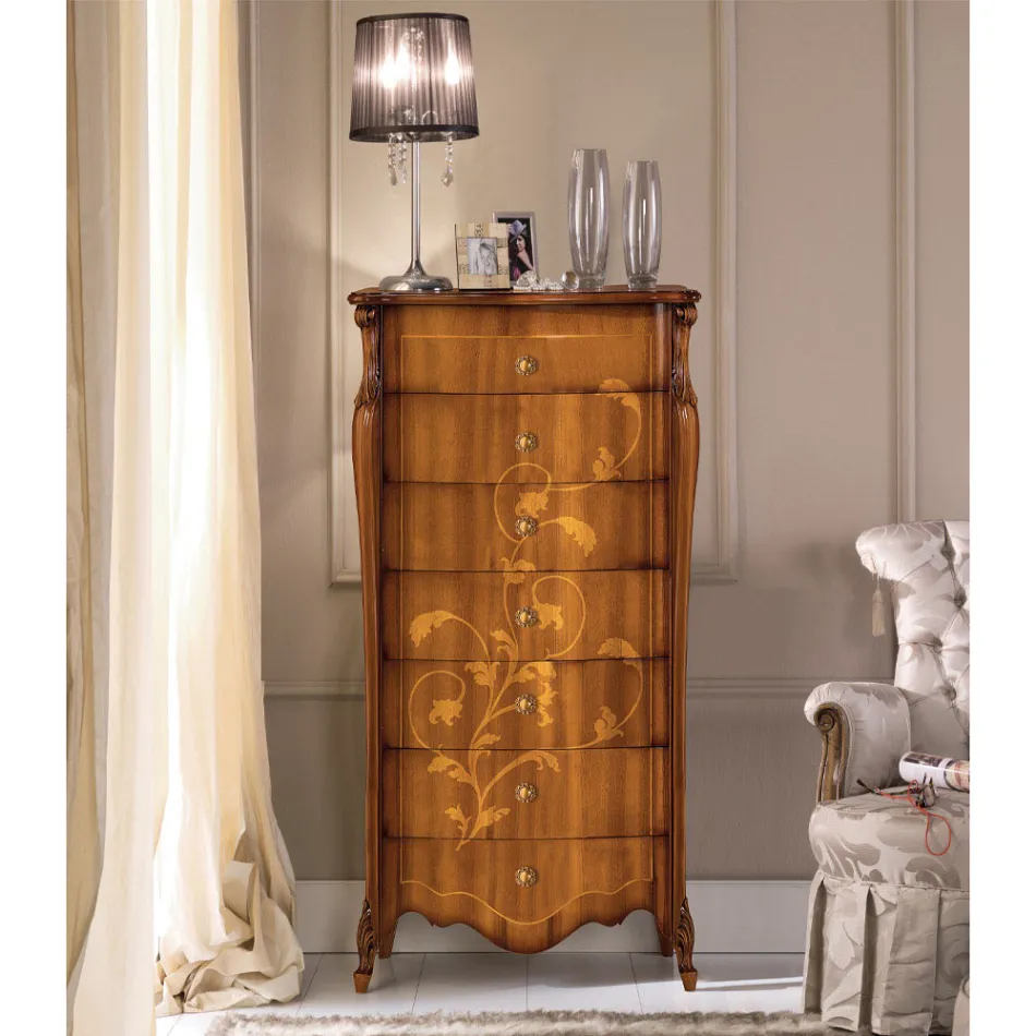 Kommode med 7 skuffer i indlagt valnøddetræ Fremstillet i Italien - Commodus Viadurini