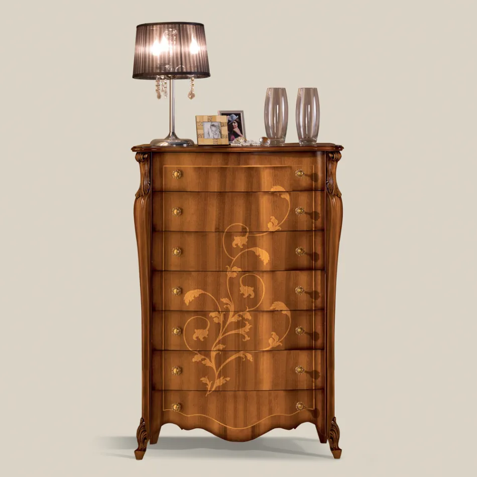Kommode med 7 skuffer i indlagt valnøddetræ Fremstillet i Italien - Commodus Viadurini