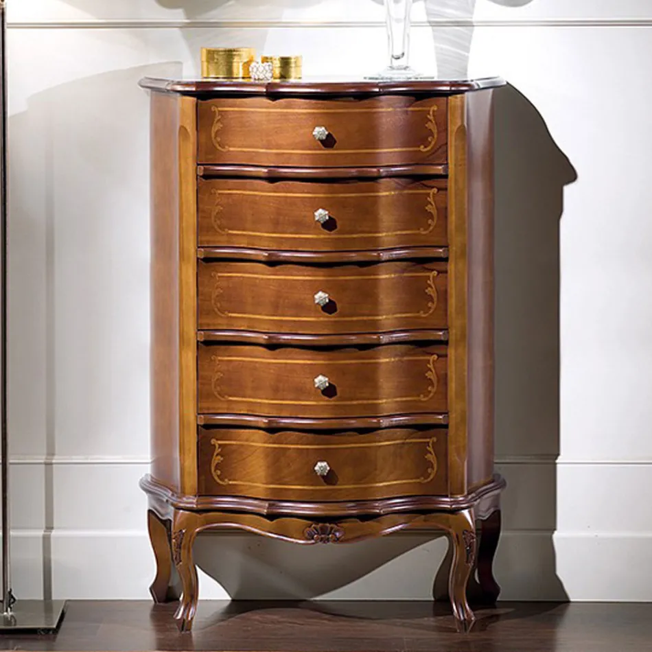 Soveværelses kommode med 5 klassiske træskuffer lavet i Italien - Leonor Viadurini