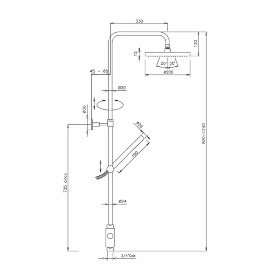 Rund sektion brusersøjle i messing med håndbruser fremstillet i Italien - Amadeo Viadurini