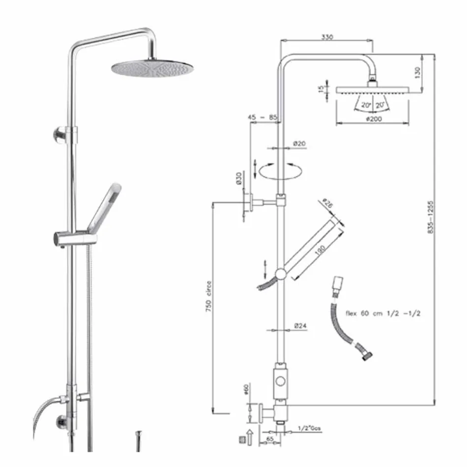 Rund sektion brusersøjle i messing med håndbruser fremstillet i Italien - Amadeo Viadurini