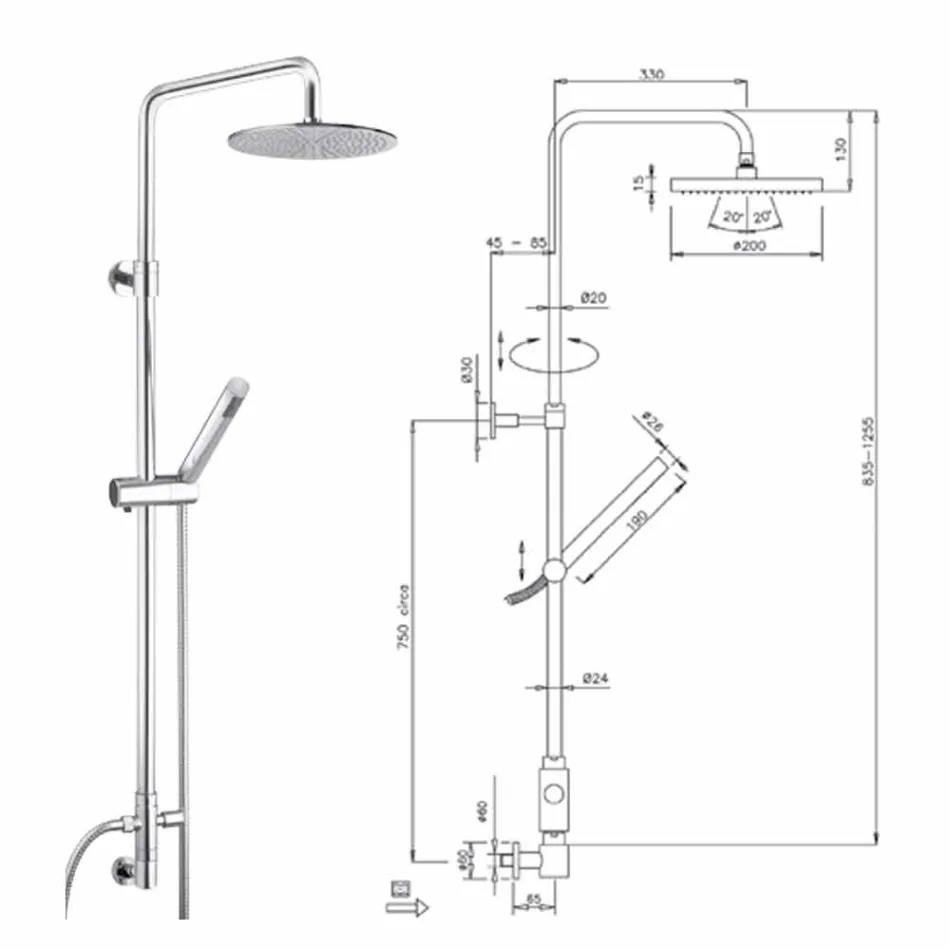 Rund sektion brusersøjle i messing med håndbruser fremstillet i Italien - Amadeo Viadurini