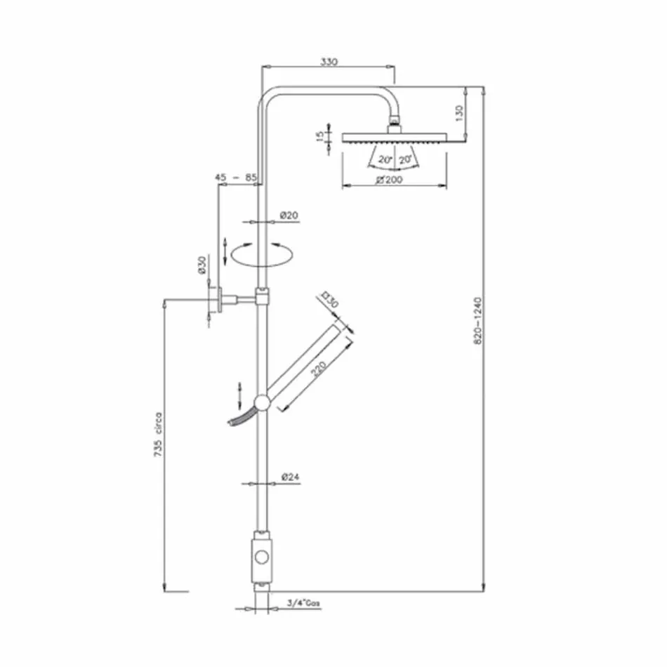Brusesøjle i messing med brusehoved og håndbruser i Abs Made in Italy - Lesio Viadurini