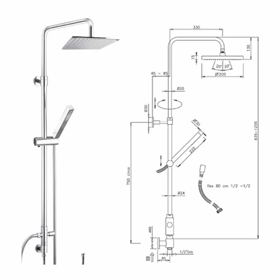 Brusesøjle i messing med brusehoved og håndbruser i Abs Made in Italy - Lesio Viadurini