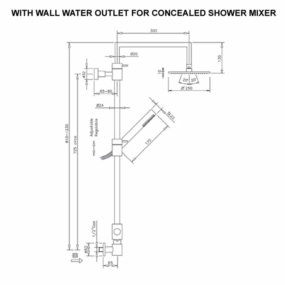 Brusersøjle af messing med firkantet brusehoved af stål Fremstillet i Italien - Lipari Viadurini