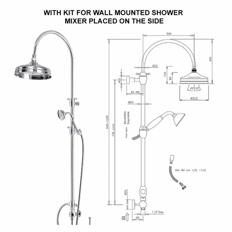 Messingbrusersøjle med rundt brusehoved og håndbruser fremstillet i Italien - Brillo Viadurini