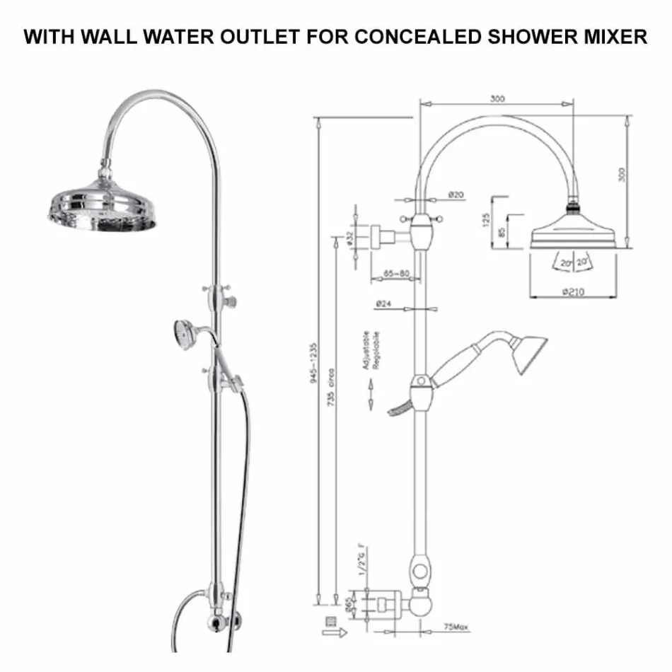 Messingbrusersøjle med rundt brusehoved og håndbruser fremstillet i Italien - Brillo Viadurini