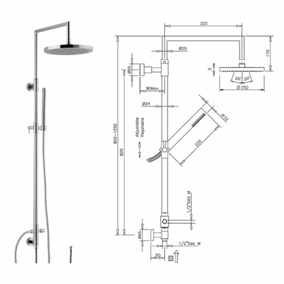 Brusekolonne i forkromet messing med abs håndbruser fremstillet i Italien - Selvio Viadurini