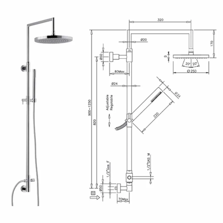 Brusekolonne i forkromet messing med abs håndbruser fremstillet i Italien - Selvio Viadurini